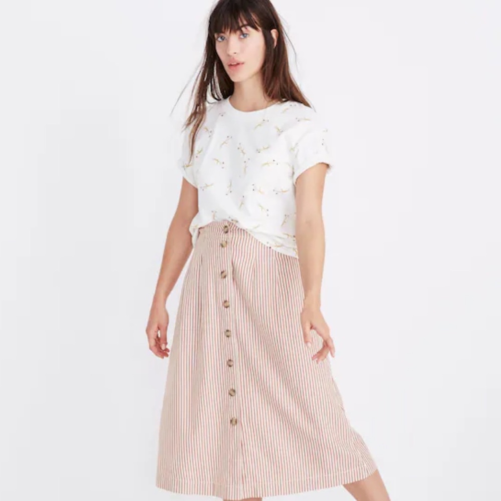 Madewell Patio Button front Midi Skirt in Clay Stripe